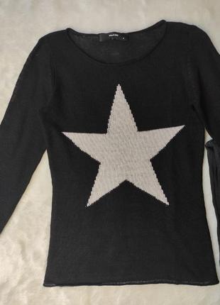 Черный натуральный кашемировый тонкий свитер с белой звездой кофта пуловер джемпер кашемир шерсть5 фото