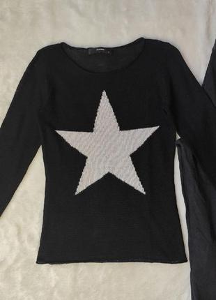 Черный натуральный кашемировый тонкий свитер с белой звездой кофта пуловер джемпер кашемир шерсть2 фото