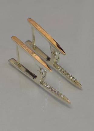 Довгі срібні сережки з золотими пластинами і цирконієм6 фото