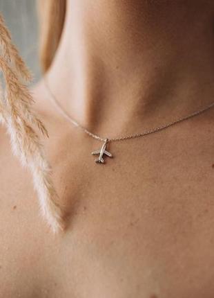 Подвеска серебряная самолет, цепочка + кулон с камнями для путешествий из серебра 925...