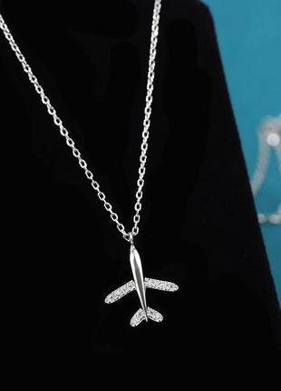 Подвеска серебряная самолет, цепочка + кулон с камнями для путешествий из серебра 925...