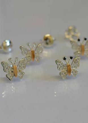Срібні сережки - гвоздики з золотими пластинами метелики6 фото