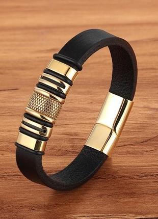 Браслет мужской кожаный на руку золото