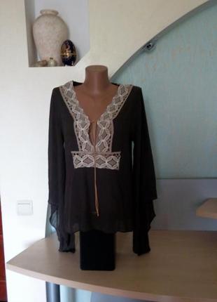 Коричневая жатая туника с вязаным кружевом от bel air france