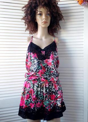 Пеньюар комбинезон ночнушка шорты атласная доманяя одежда  в цветочный принт4 фото