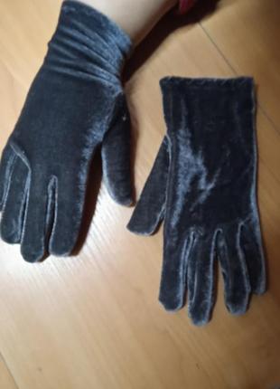 Темно сірі велюрові перчатки2 фото