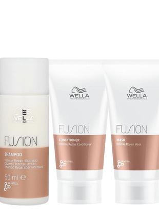 Набор wella fusion тravel для восстановления волос шампунь 50 мл, кондиционер 30 мл, маска 30 мл