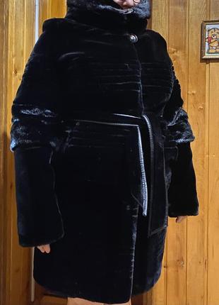 Eagle шуба шубка жіноча чорна з поясом хутряна тепла зимова міді з капішоном рукавами-трансформерами зі вставками норки