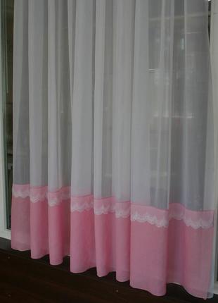 Короткая тюль "зефир", розового цвета с кружевом