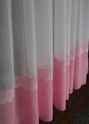 Коротка тюль "зефір", рожевого кольору з мереживом5 фото
