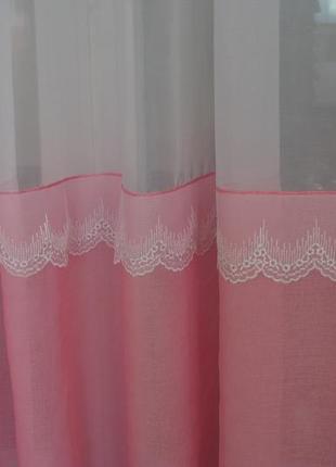 Коротка тюль "зефір", рожевого кольору з мереживом3 фото
