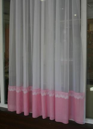 Коротка тюль "зефір", рожевого кольору з мереживом2 фото