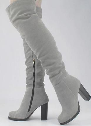 Ботфорди / сапоги жіночі замгеві, в сірому кольорі на стійкому каблуку