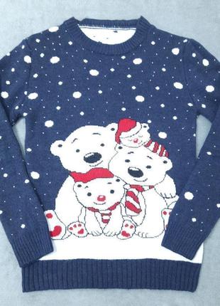 Темносиня кофта новорічна з білими ведмедями5 фото