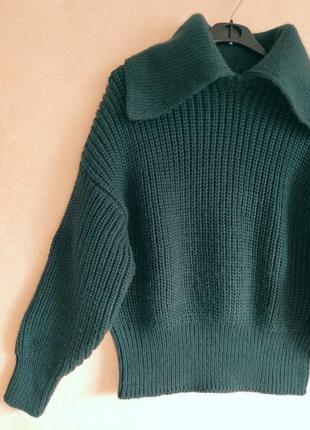 Теплый свитер тёмно-зелёного цвета теплий светр джемпер с воротником  поло5 фото