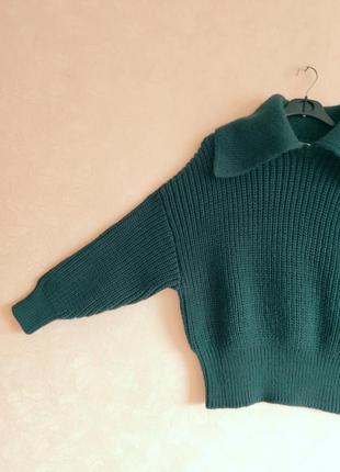 Теплый свитер тёмно-зелёного цвета теплий светр джемпер с воротником  поло6 фото