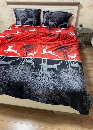 Постельное белье черно-красное новогодняя постель с оленями