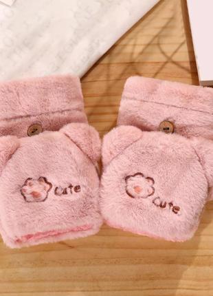 Жіночі рукавички з півальцями котики рожеві1 фото