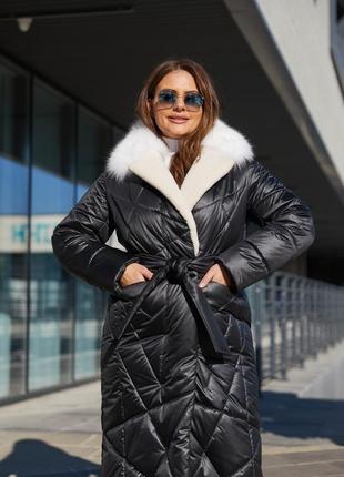 Пальто плащ женский стильный длинный теплый с мехом размеры:42-606 фото