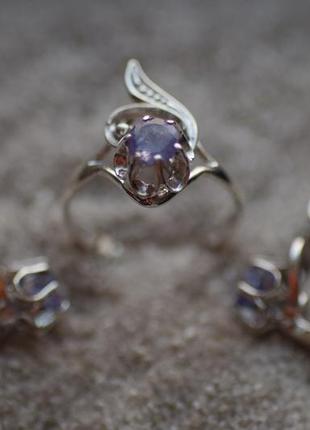 Набор кольцо и серьги с танзанитом . серебро . индия.