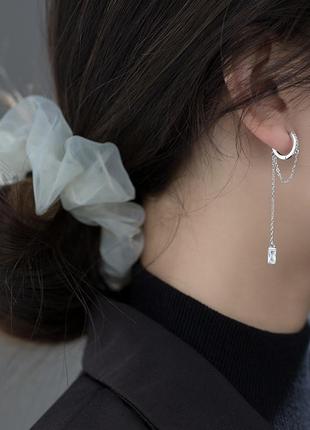 Серьги кольца серебряные с цепочкой и кисточкой бриллиант, длинные сережки конго с фианитами,серебро 925 пробы