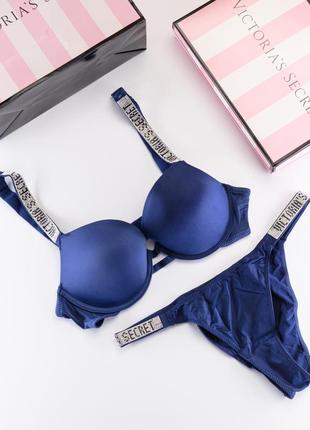 Комплект вікторія сікрет зі стразами жіноча білизна victoria`s secret push-up синій1 фото