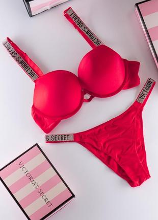 Комплект виктория сикрет со стразами женское белье victoria`s secret push-up красный10 фото