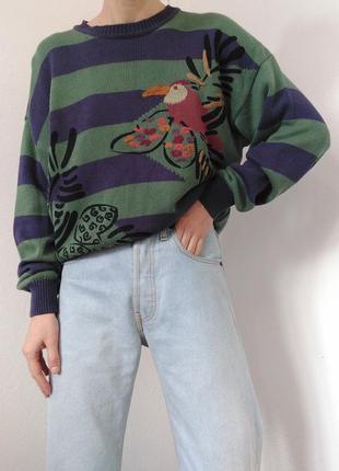 Вінтажний светр бавовна джемпер оверсайз пуловер реглан лонгслів вінтаж вязаний светр бавовняний джемпер хакі светр в полоску