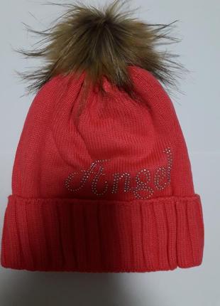 Распродажа!красивая,эффектная ягодная шапка на флисе,с натуральным помпоном лисы,52-561 фото