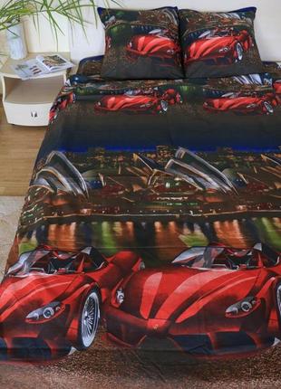 Комплект постельного белья в полуторном размере с рисунком машинки