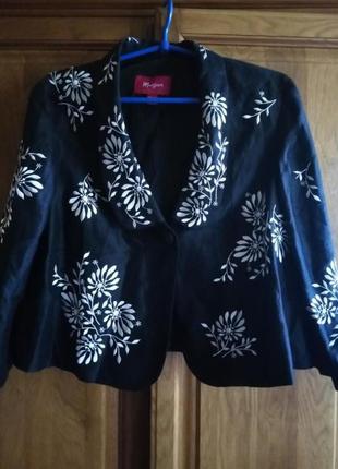 Шикарный черный льняной пиджак жакет с шелковой вышивкой цветы2 фото