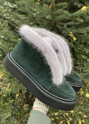 Зелені красиві хайтопи черевики norka натуральне хутро норка замш шкіра зима демісезон