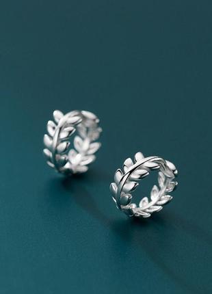Серьги-кольца серебряные лавровый венок в стиле минимализм, аккуратные сережки диаметр 10мм, серебро 925 пробы6 фото