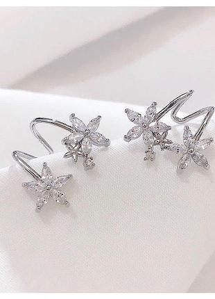 Серьги-гвоздики двойные с цветочками из камней, нарядные сережки, серебряное покрытие 925 пробы, 20*10 мм