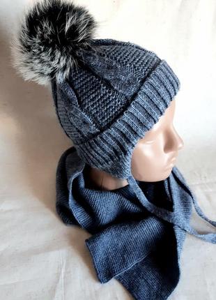 Теплая зимняя шапка с помпоном и шарф украина