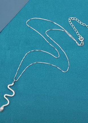 Короткая цепочка с кулоном длинная змея из камней, серебряное покрытие 925 пробы, длина 40+4,5 см6 фото