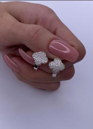 🇺🇦сережки срібло 925° вставка кубічний цирконій, покриття родій, конюшина клевер van cleef , 0624.10р