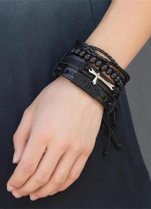 Набор кожаных браслетов крест черные на завязках