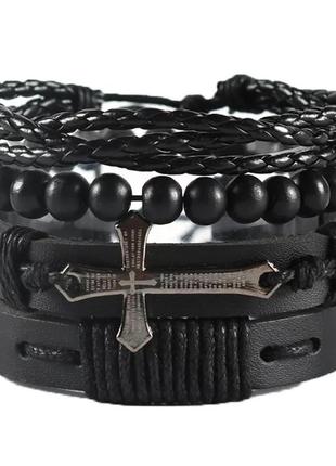 Набор кожаных браслетов крест черные на завязках2 фото