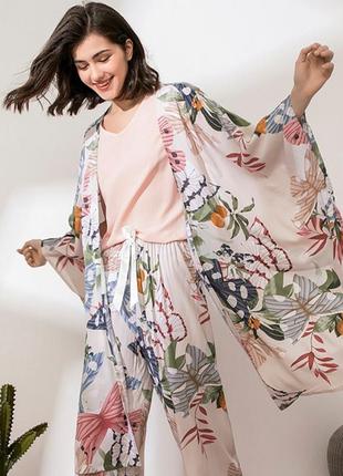 Комплект для сна, дома из 4 предметов. пижама женская из вискозы c цветочным принтом, размер m
