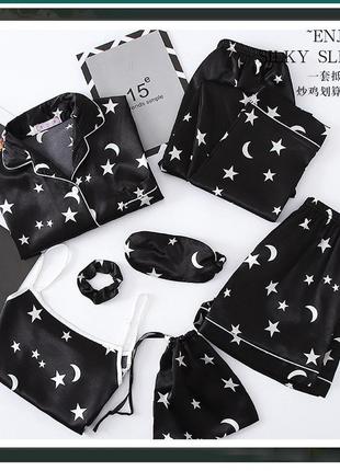 Комплект шелковый звезды для сна, дома из 7 предметов. пижама женская атласная m (черный)3 фото