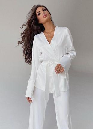 Піжама жіноча атласна. комплект шовковий для дому, сну з довгим рукавом, розмір m (білий)