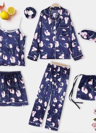 Комплект шелковый с цветами для сна, дома из 7 предметов. пижама женская атласная m (синий)2 фото