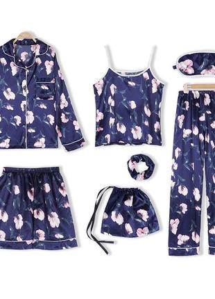Комплект шелковый с цветами для сна, дома из 7 предметов. пижама женская атласная m (синий)