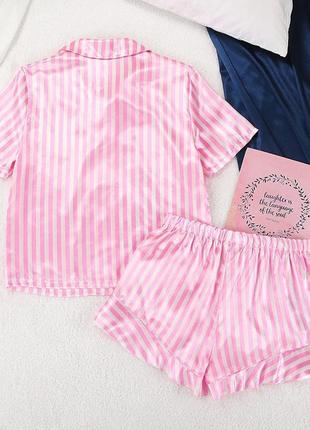 Пижама женская шелковая в полоску. пижама женская с коротким рукавом и шортами, размер l (розовая )6 фото