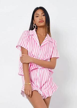 Пижама женская шелковая в полоску. пижама женская с коротким рукавом и шортами, размер l (розовая )