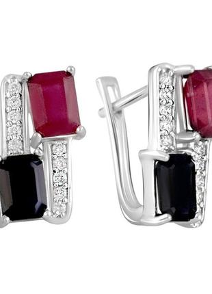 Серебряные серьги с натуральным изумрудом,рубином и сапфиром