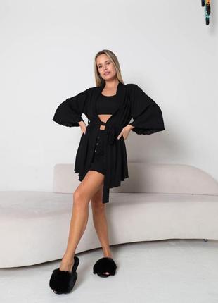 Жіночий піжамний домашній костюм в рубчик трійка топ шорти і халат комплект для дому та сну чорний 205211 фото