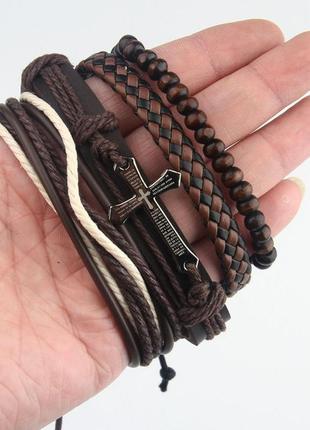 Набор кожаных браслетов крест коричневые на завязках