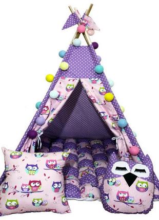 Вигвам хатка комплект бонбон совы фиолетовый с подушками - малыш1 фото